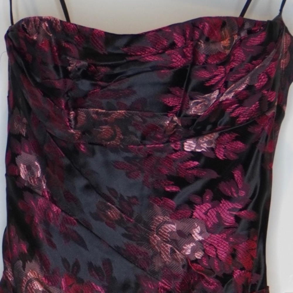 Amsale Couture Gown black red pink metallic embossed floral